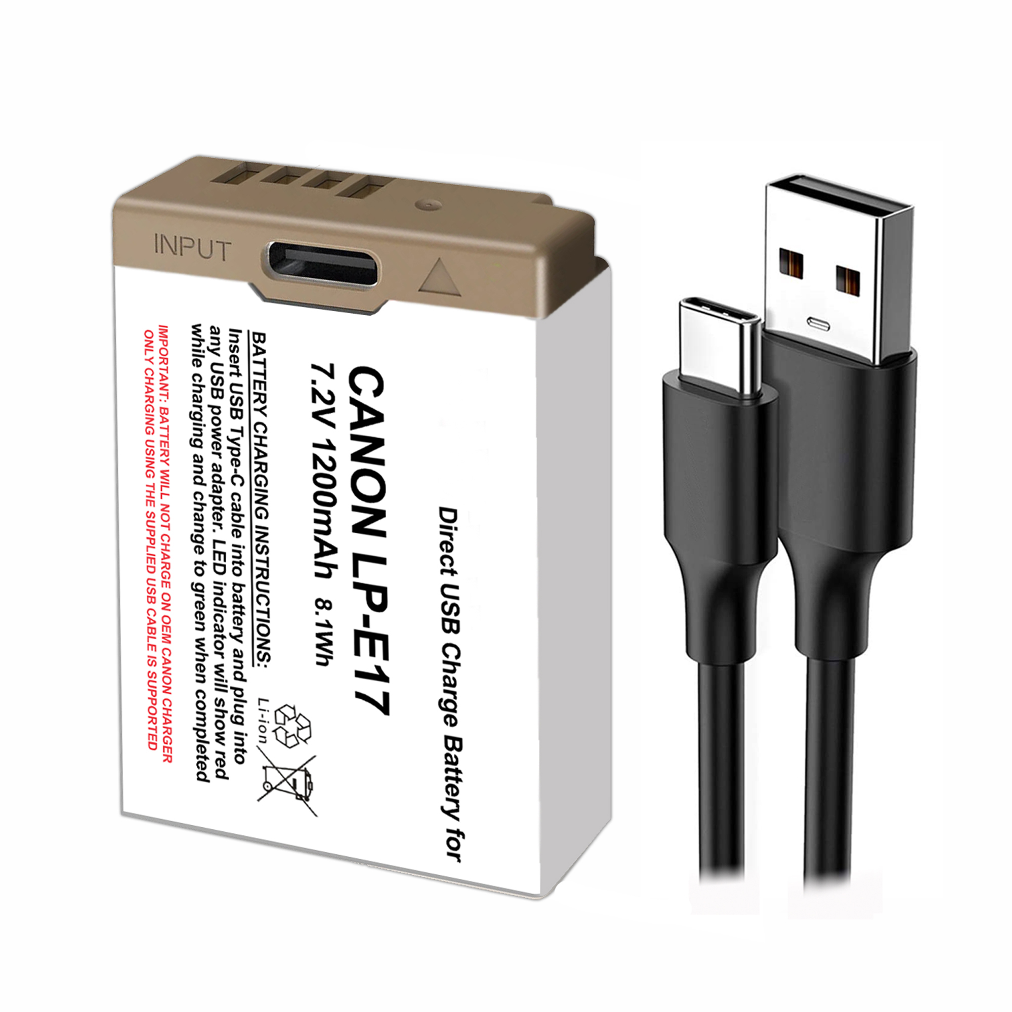 Synergy Digital Camera Battery, Compatible with Canon LP-E17 Digital Camera Battery (Li-ion, 7.2V, 1200mAh) - Built-In USB-C Direct Charge, includes a 24-inch USB Type-C charging cable