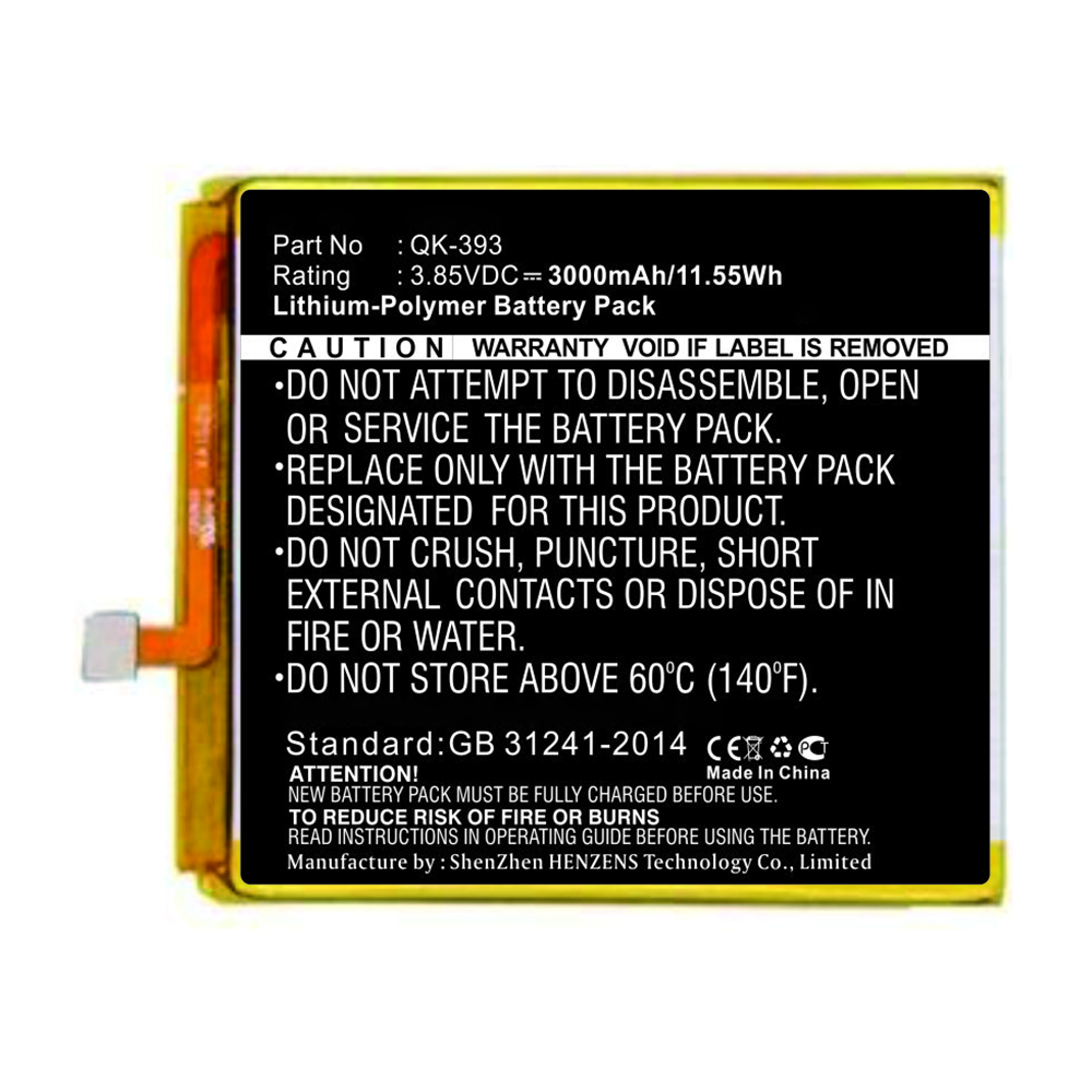 Synergy Digital Cell Phone Battery, Compatible with QiKU QK-393 Cell Phone Battery (Li-Pol, 3.85V, 3000mAh)