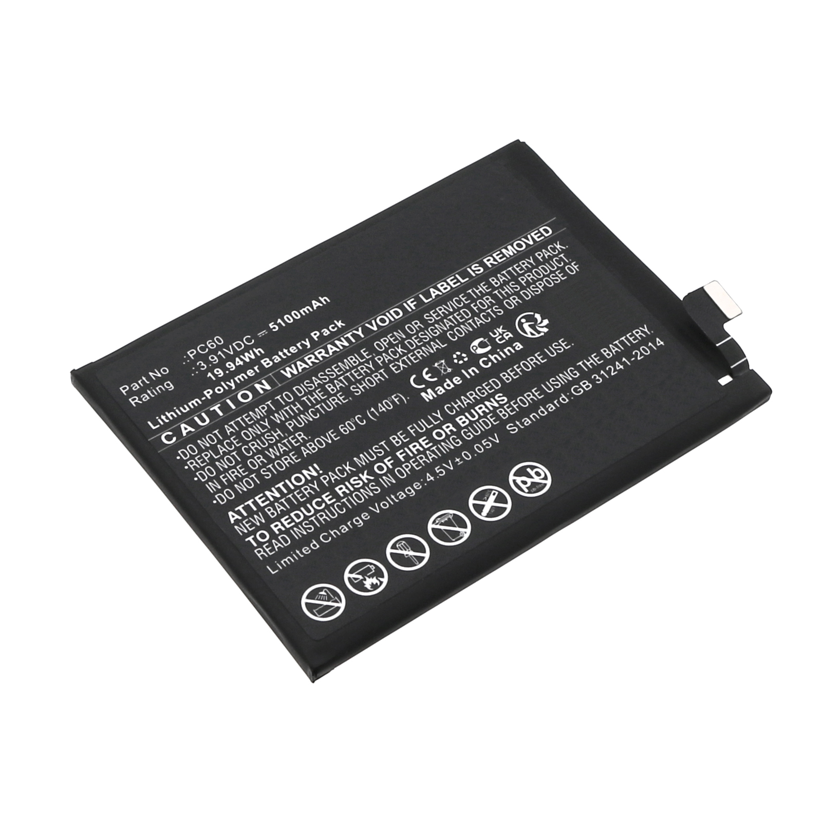 Synergy Digital Cell Phone Battery, Compatible with Motorola PC60 Cell Phone Battery (Li-Pol, 3.91V, 5100mAh)