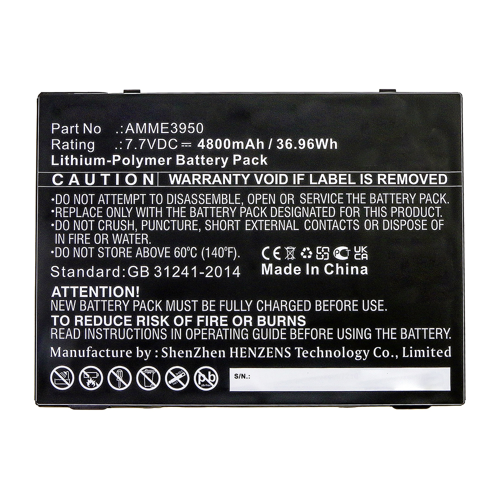 Synergy Digital Tablet Battery, Compatible with Zebra AMME3950 Tablet Battery (Li-Pol, 7.7V, 4800mAh)